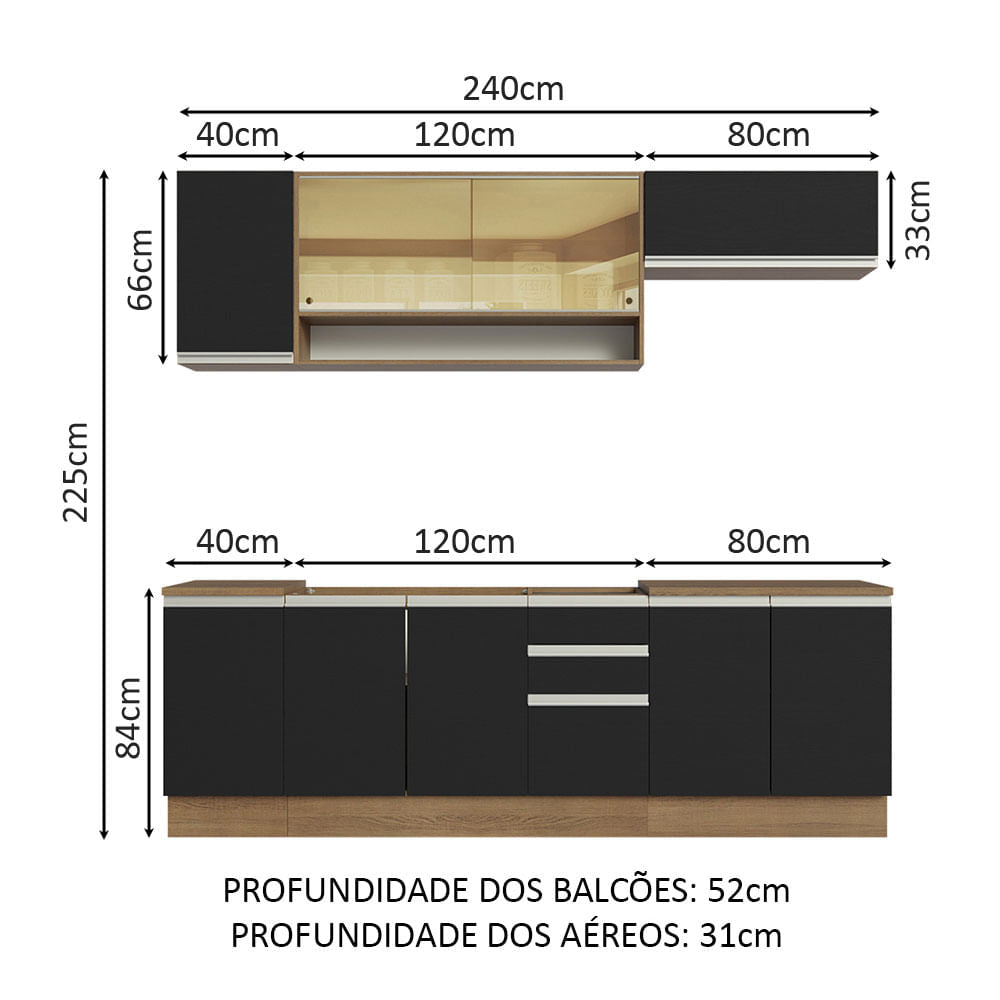 Armário de Cozinha Completa 240cm Rustic Preto Glamy Madesa 03
