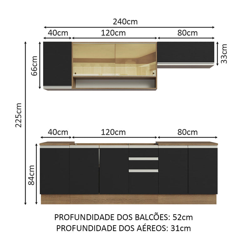 Armário de Cozinha Completa 240cm Rustic Preto Glamy Madesa 03