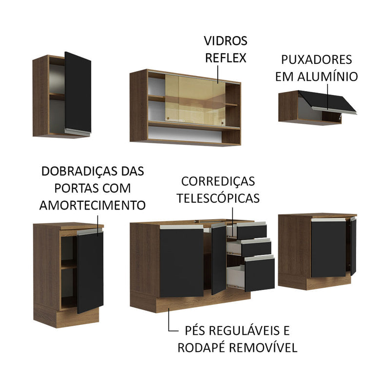 Armário de Cozinha Completa 240cm Rustic Preto Glamy Madesa 03
