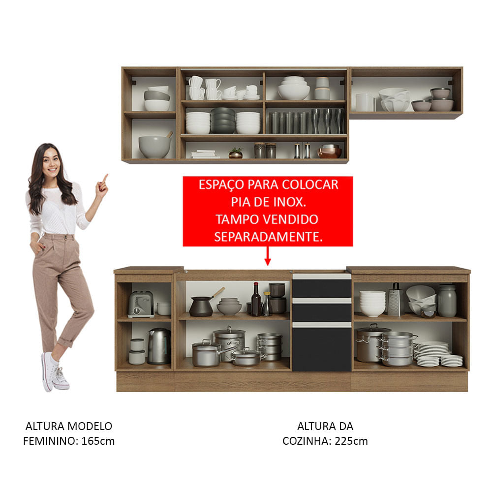 Armário de Cozinha Completa 240cm Rustic Preto Glamy Madesa 03