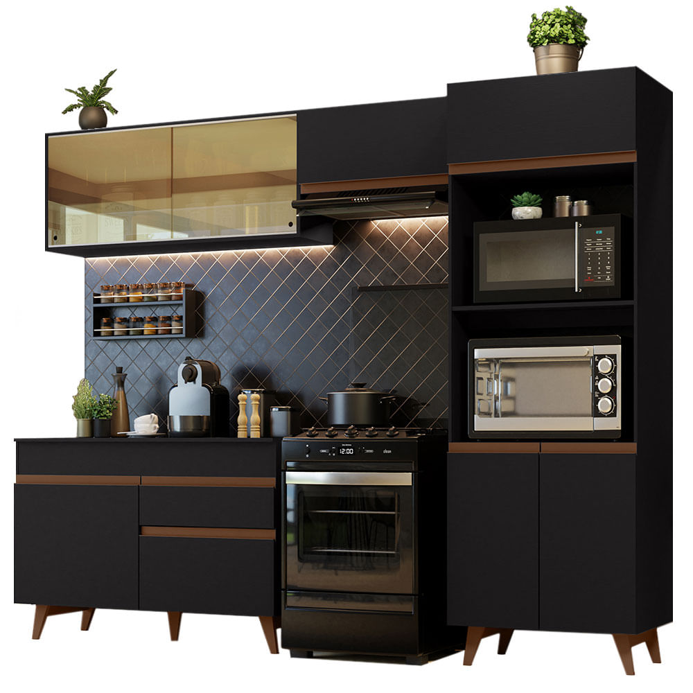 Armário de Cozinha Completa 260cm Preto Reims Madesa XC01 - Preto