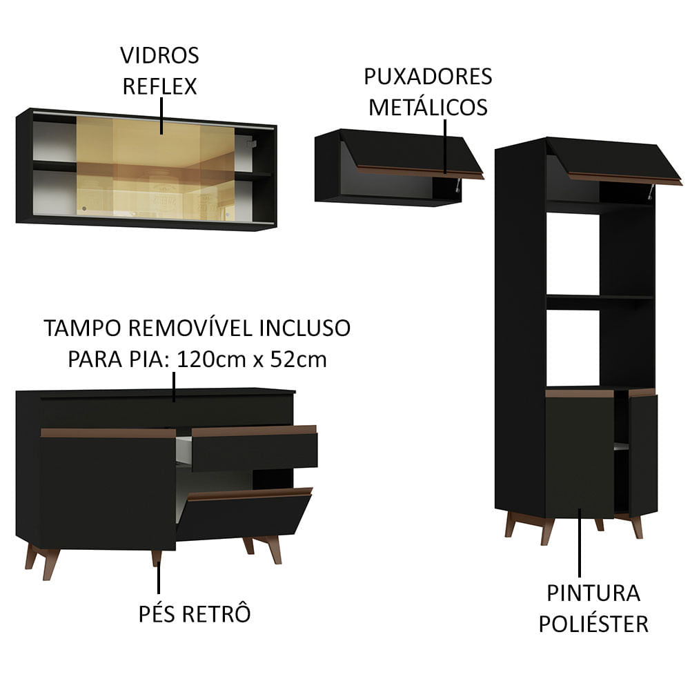 Armário de Cozinha Completa 260cm Preto Reims Madesa XC01