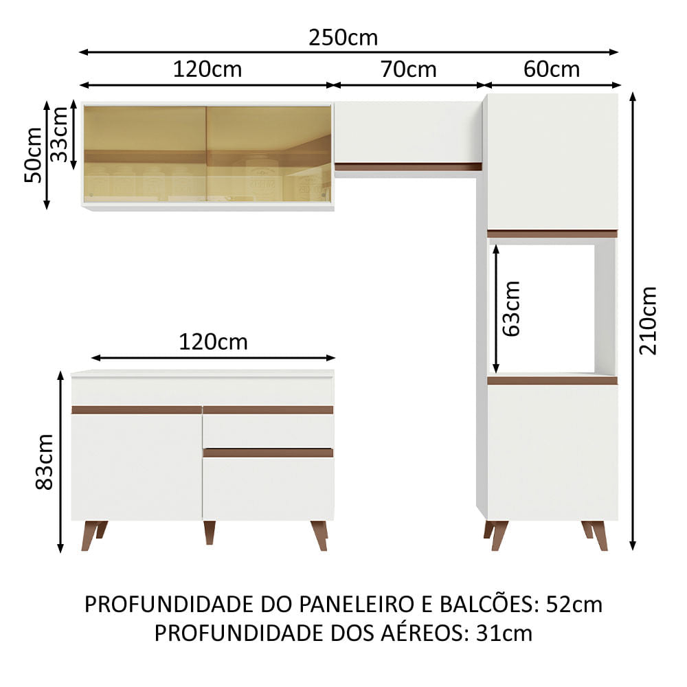 Armário de Cozinha Completa 250cm Branco Reims Madesa XA03