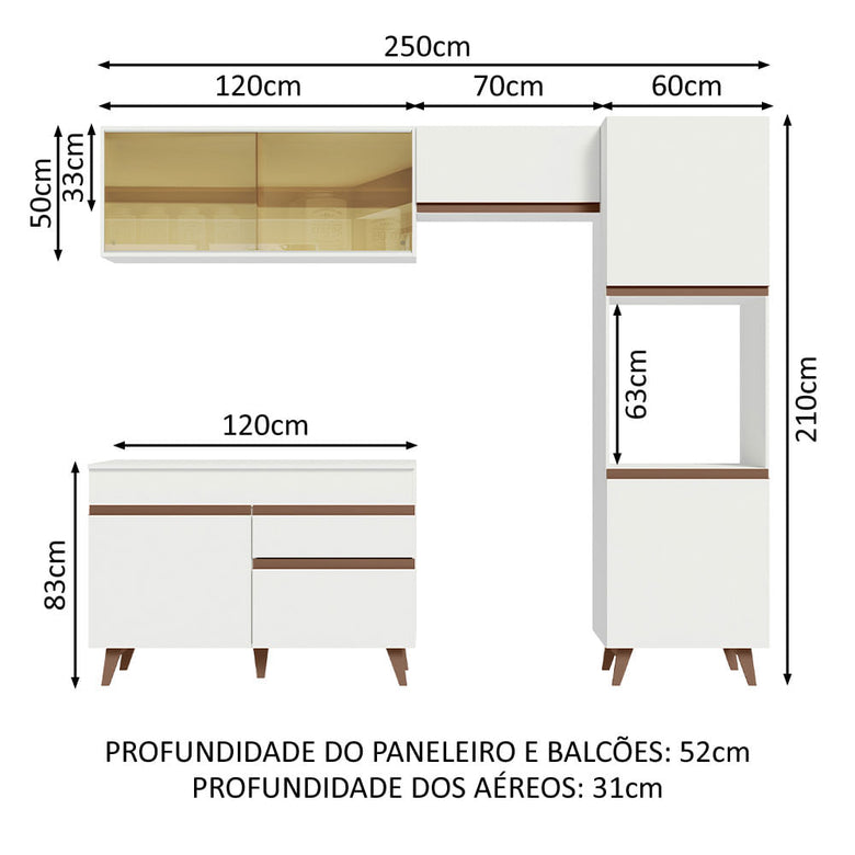 Armário de Cozinha Completa 250cm Branco Reims Madesa XA03