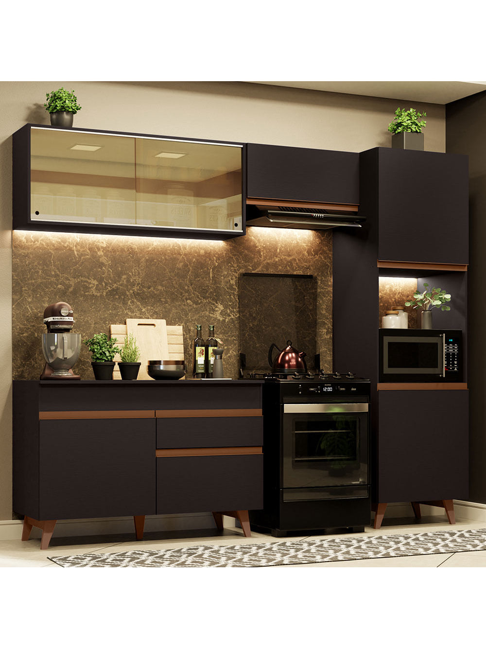 Armário de Cozinha Completa 250cm Preto Reims Madesa XA03 - Preto