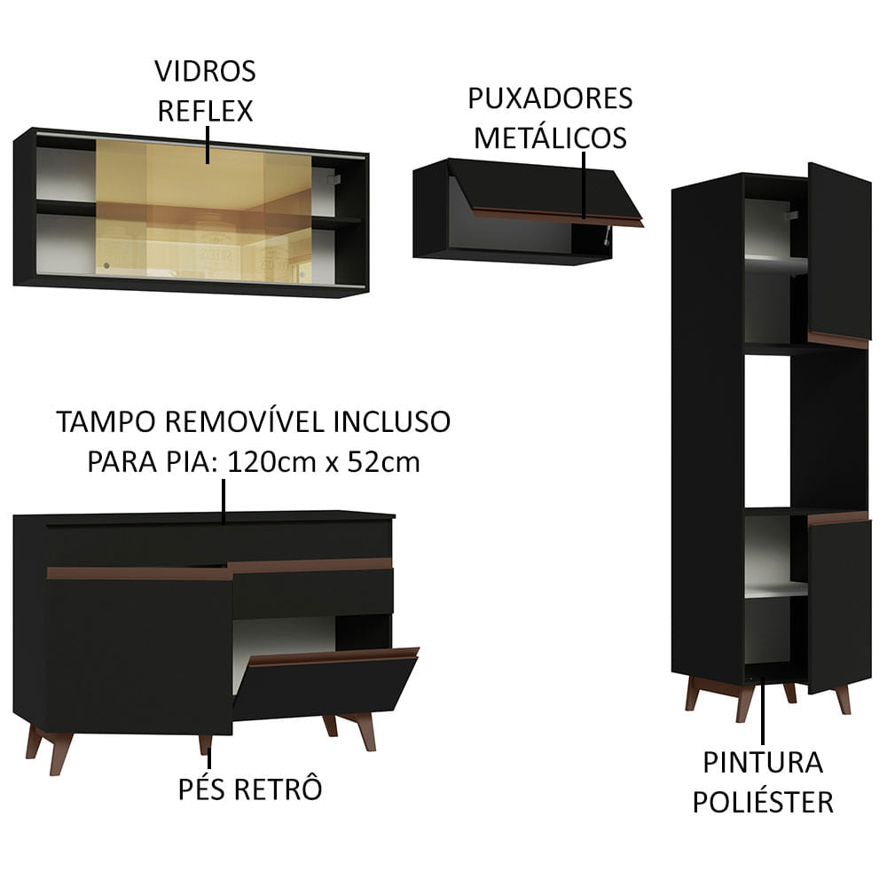 Armário de Cozinha Completa 250cm Preto Reims Madesa XA03