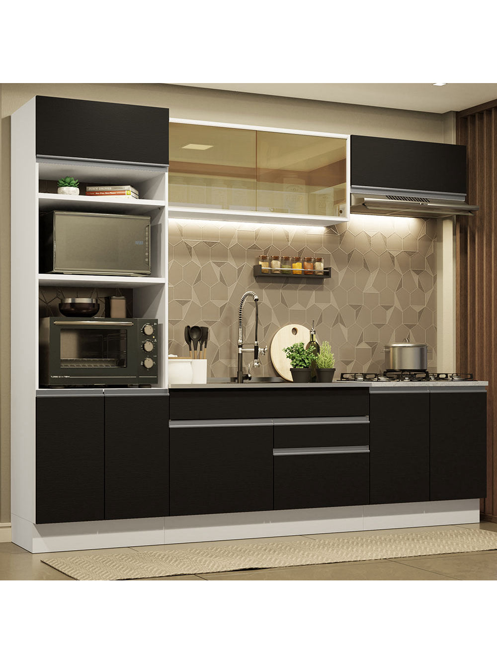 Armário de Cozinha Completa 270cm Branco Preto Glamy Madesa 10 - Branco/Preto