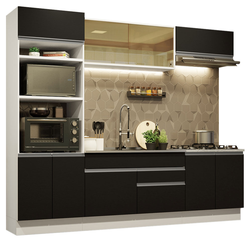 Armário de Cozinha Completa 270cm Branco Preto Glamy Madesa 10 - Branco/Preto