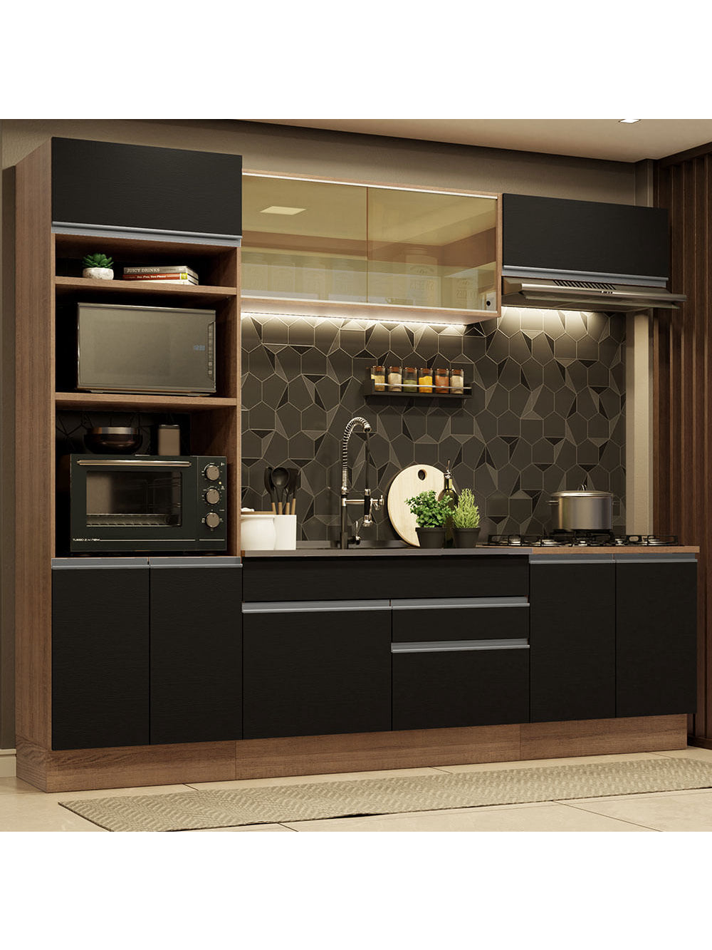 Armário de Cozinha Completa 270cm Rustic Preto Glamy Madesa 07 - Rustic/Preto