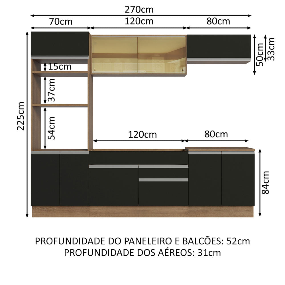Armário de Cozinha Completa 270cm Rustic Preto Glamy Madesa 07