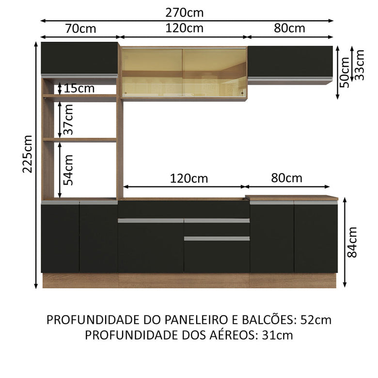 Armário de Cozinha Completa 270cm Rustic Preto Glamy Madesa 07