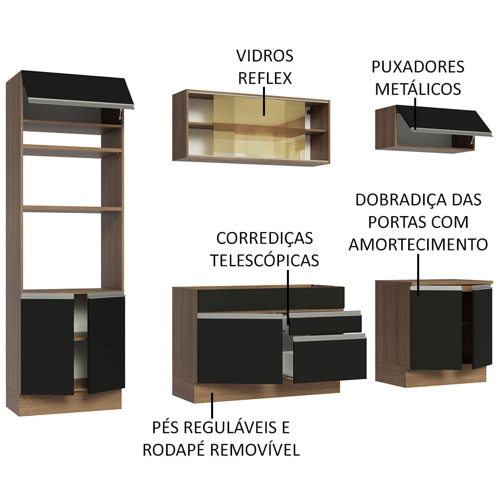 Armário de Cozinha Completa 270cm Rustic Preto Glamy Madesa 07