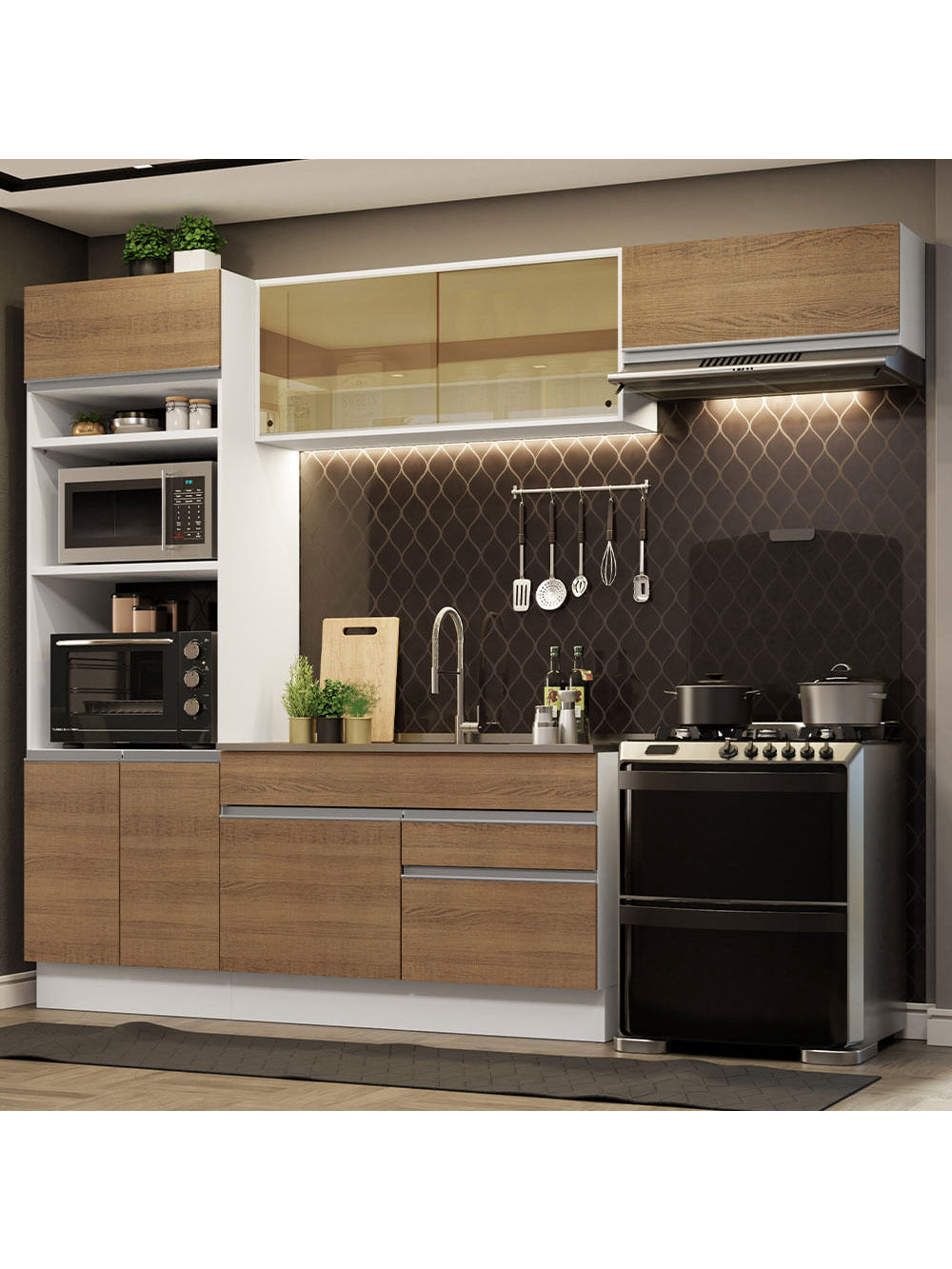 Armário de Cozinha Completa 270cm Branco Rustic Glamy Madesa 11 - Branco/Rustic