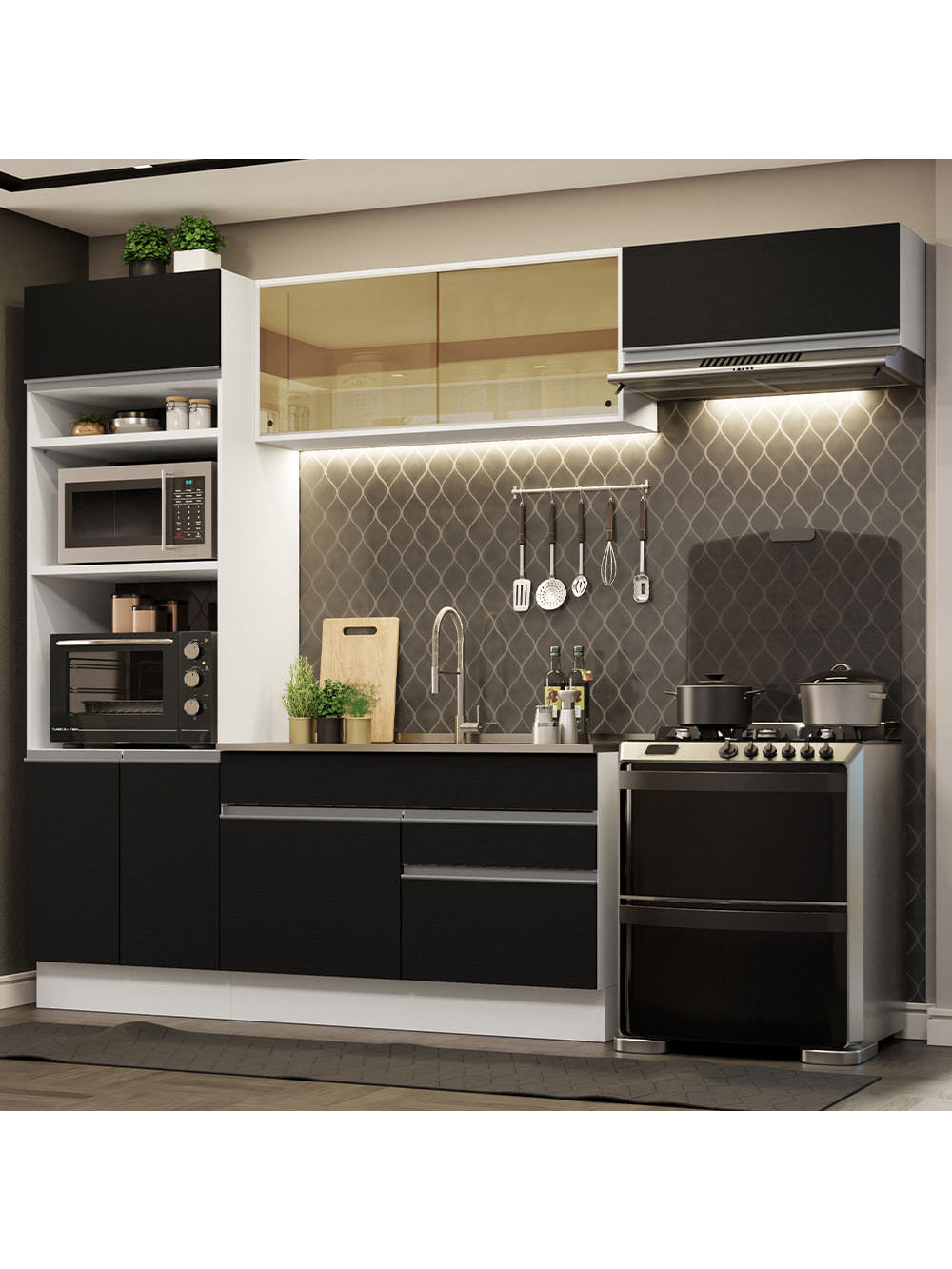 Armário de Cozinha Completa 270cm Branco Preto Glamy Madesa 11 - Branco/Preto