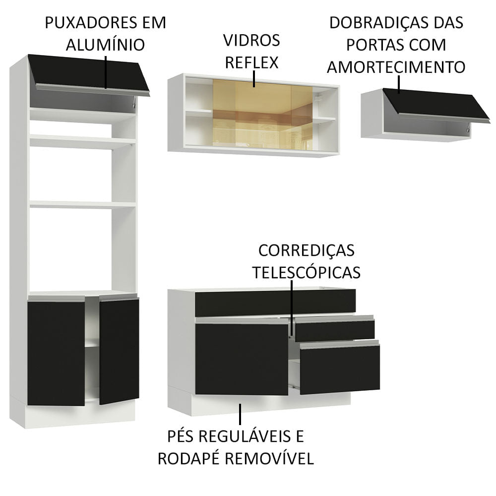 Armário de Cozinha Completa 270cm Branco Preto Glamy Madesa 11