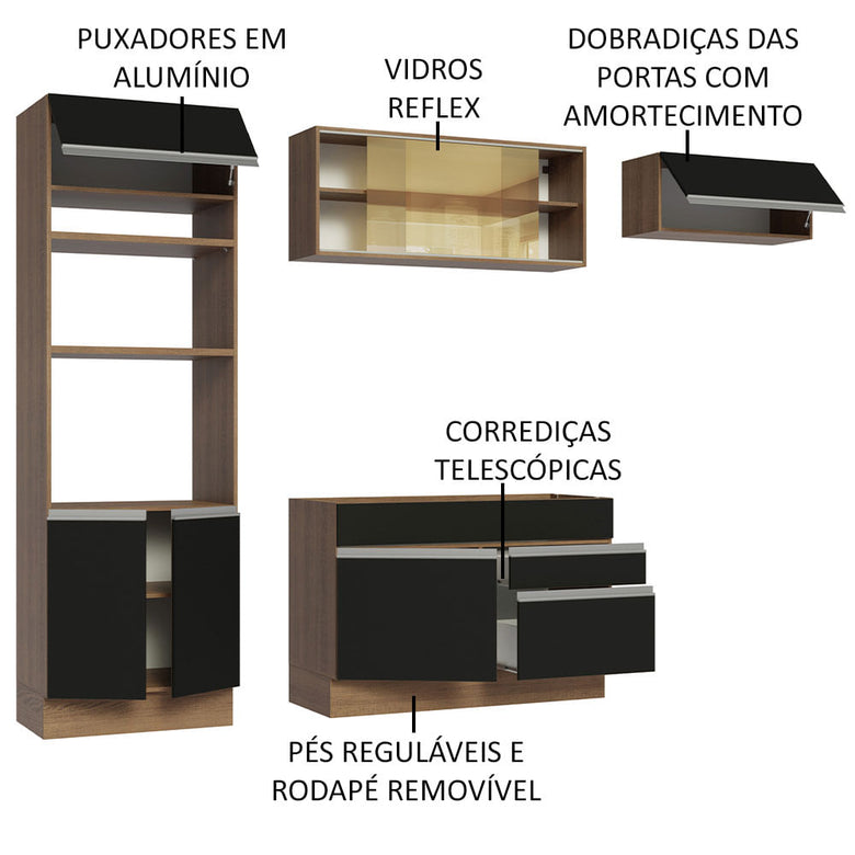 Armário de Cozinha Completa 270cm Rustic Preto Glamy Madesa 11
