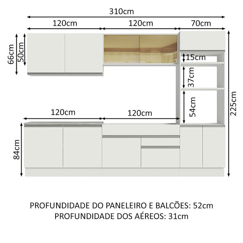 Armário de Cozinha Completa 310cm Branco Glamy Madesa 01