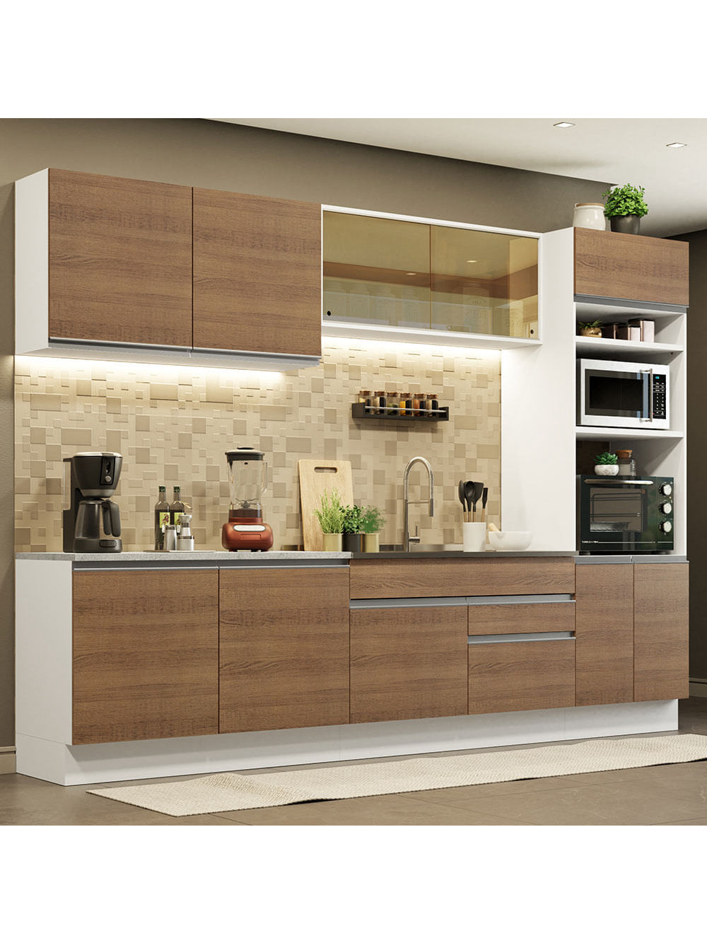 Armário de Cozinha Completa 310cm Branco Rustic Glamy Madesa 01 - Branco/Rustic