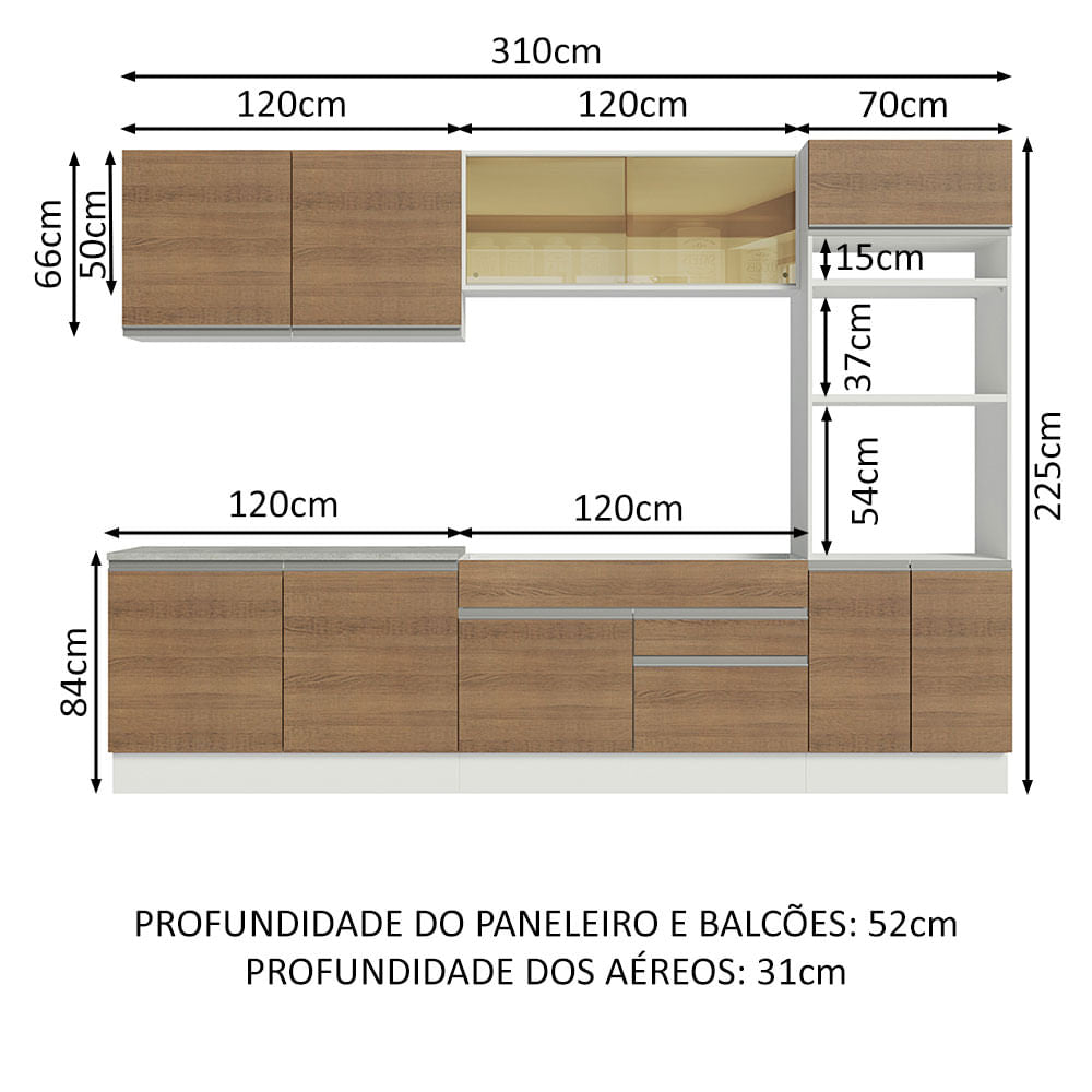 Armário de Cozinha Completa 310cm Branco Rustic Glamy Madesa 01