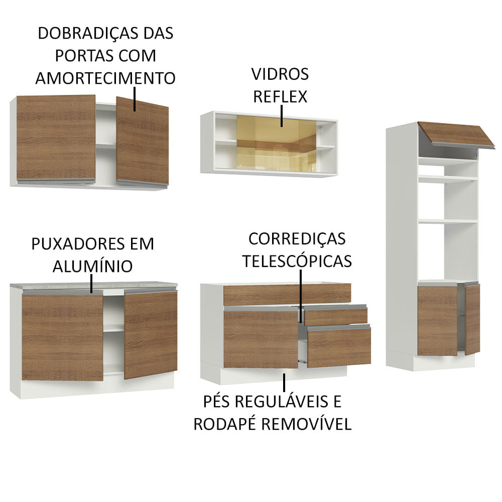 Armário de Cozinha Completa 310cm Branco Rustic Glamy Madesa 01