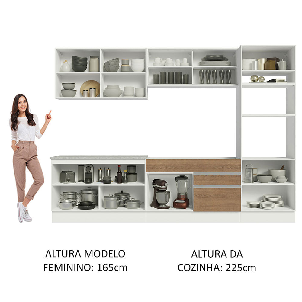 Armário de Cozinha Completa 310cm Branco Rustic Glamy Madesa 01