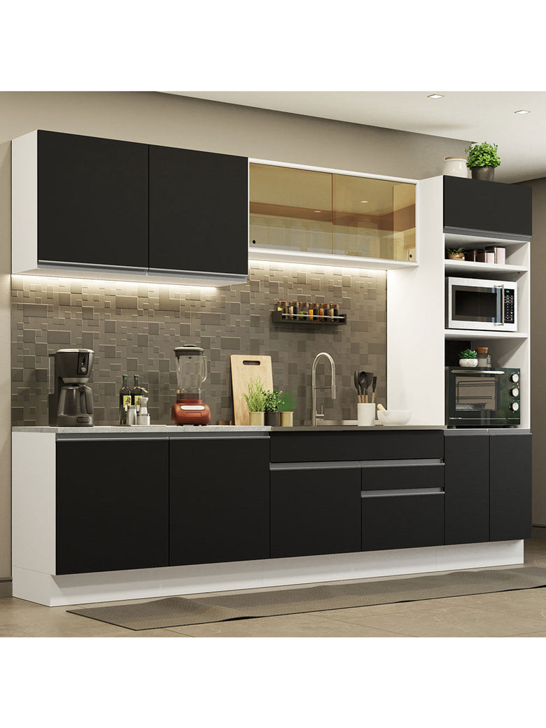 Armário de Cozinha Completa 310cm Branco Preto Glamy Madesa 01