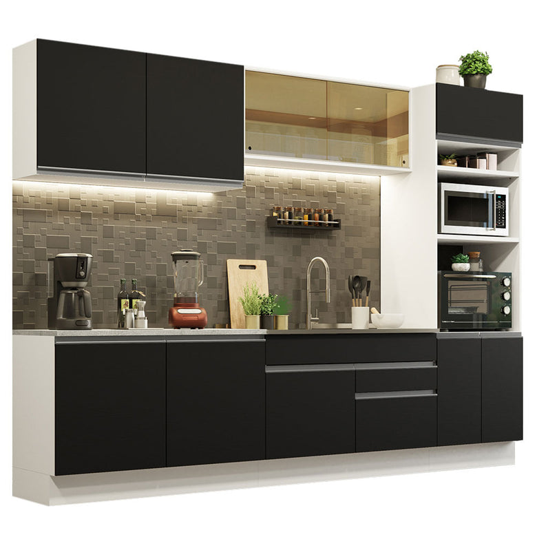 Armário de Cozinha Completa 310cm Branco Preto Glamy Madesa 01