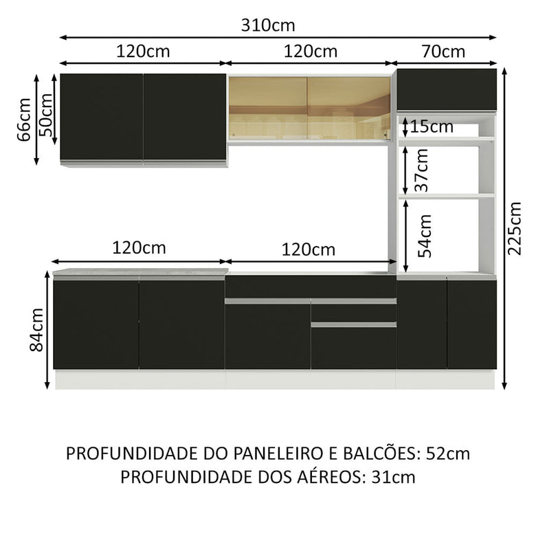Armário de Cozinha Completa 310cm Branco Preto Glamy Madesa 01