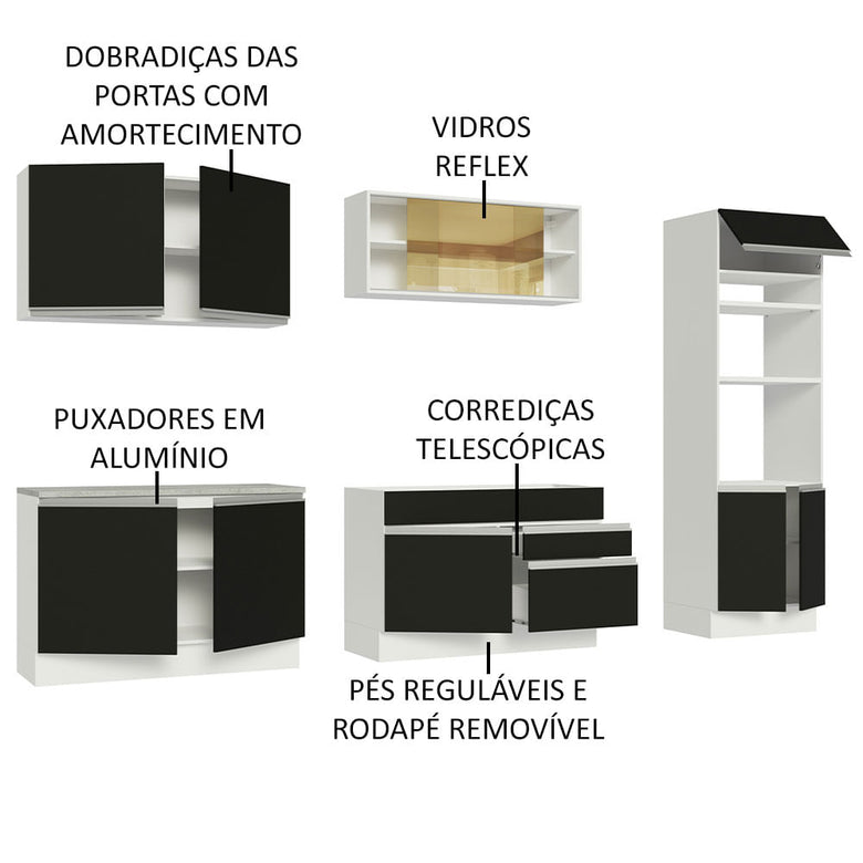 Armário de Cozinha Completa 310cm Branco Preto Glamy Madesa 01
