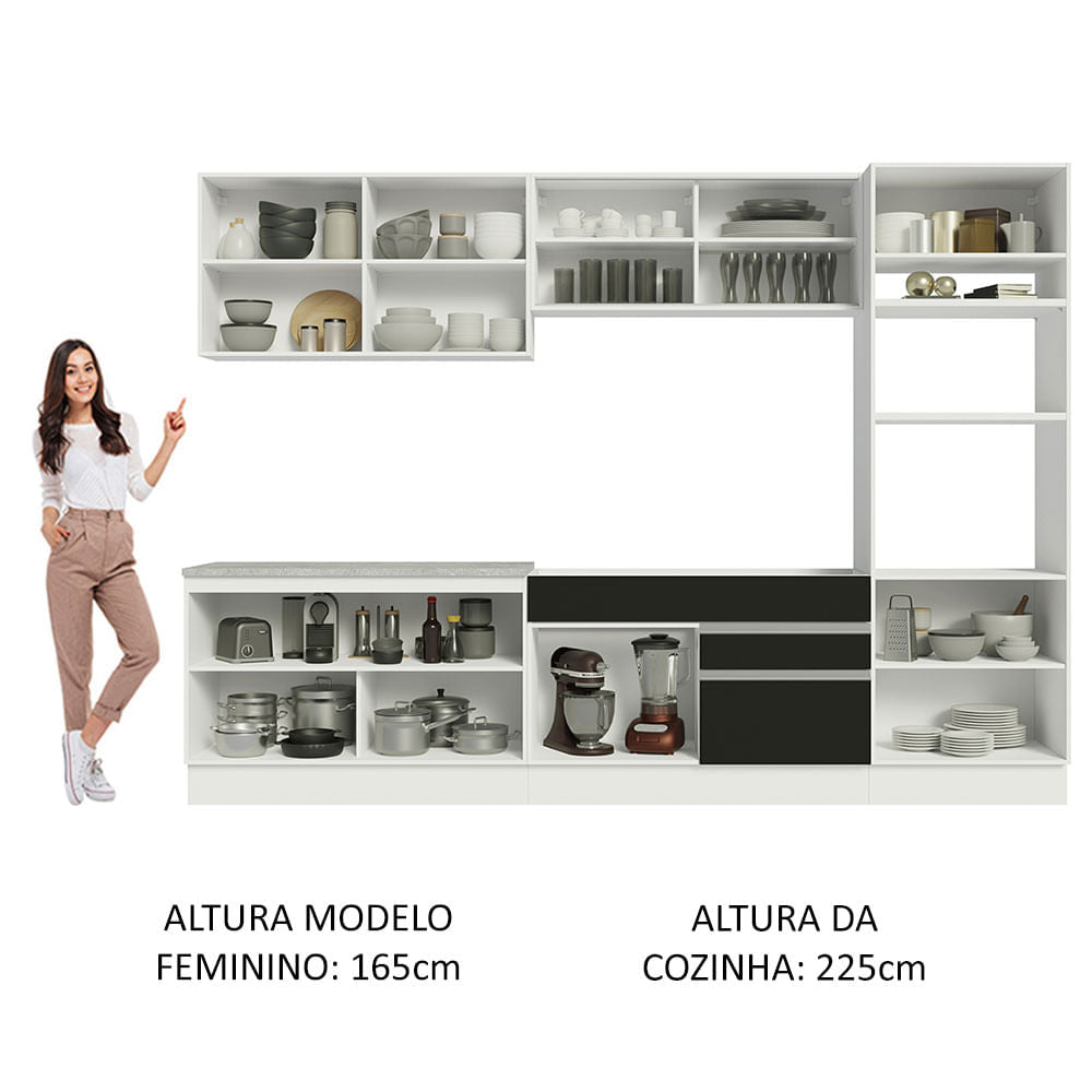 Armário de Cozinha Completa 310cm Branco Preto Glamy Madesa 01