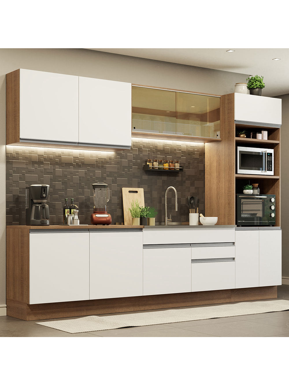 Armário de Cozinha Completa 310cm Rustic Branco Glamy Madesa 01 - Rustic/Branco