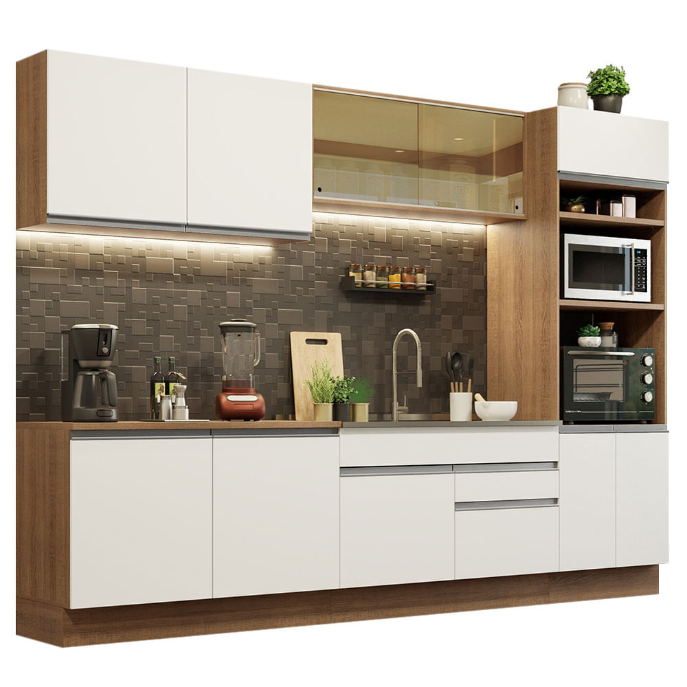Armário de Cozinha Completa 310cm Rustic Branco Glamy Madesa 01 - Rustic/Branco