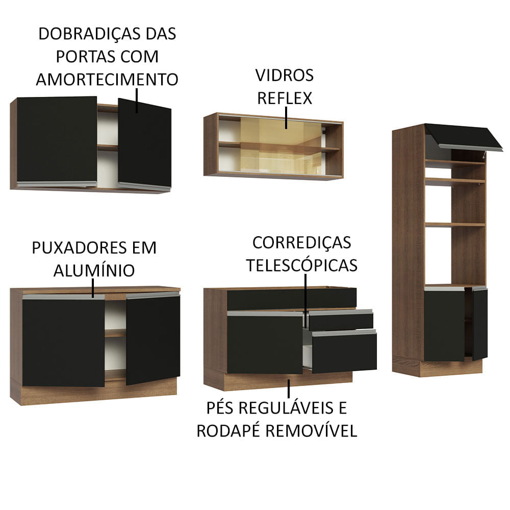 Armário de Cozinha Completa 310cm Rustic Preto Glamy Madesa 01
