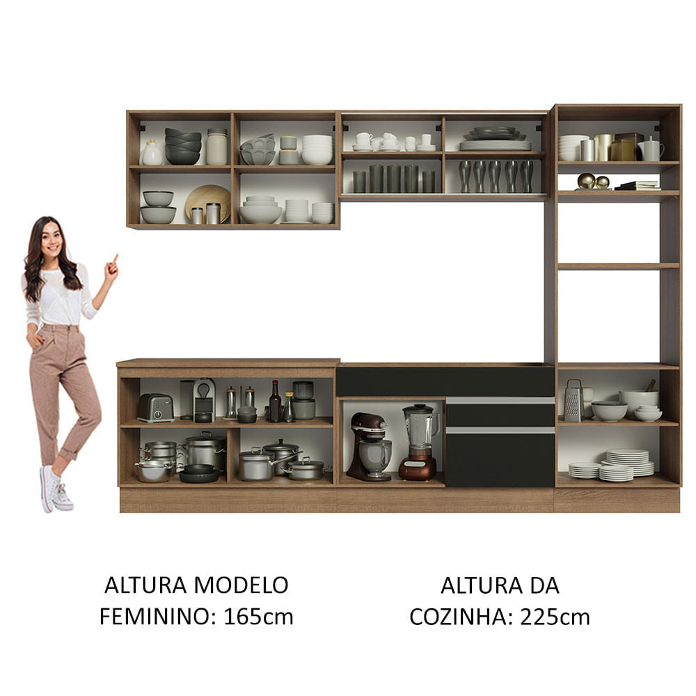 Armário de Cozinha Completa 310cm Rustic Preto Glamy Madesa 01