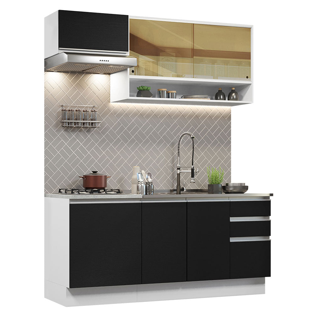 Armário de Cozinha Compacta 180cm Branco Preto Glamy Madesa 08 - Branco/Preto