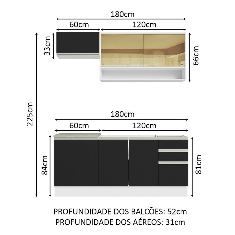 Armário de Cozinha Compacta 180cm Branco Preto Glamy Madesa 08