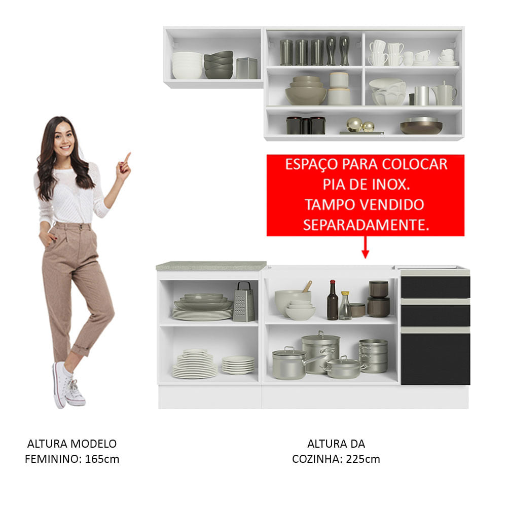 Armário de Cozinha Compacta 180cm Branco Preto Glamy Madesa 08
