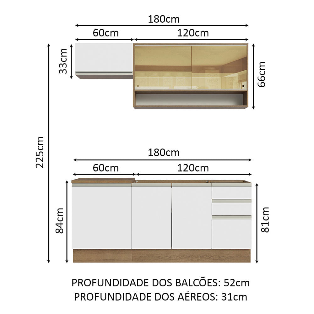 Armário de Cozinha Compacta 180cm Rustic Branco Glamy Madesa 08