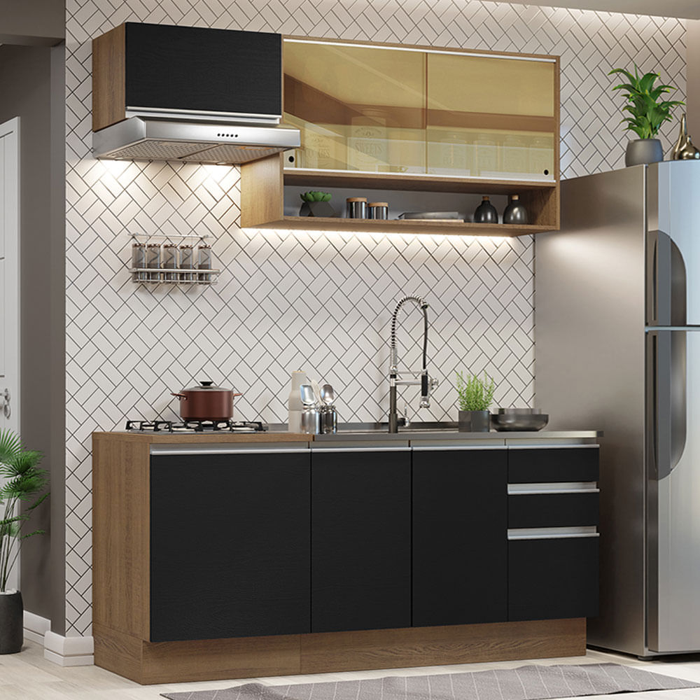 Armário de Cozinha Compacta 180cm Rustic Preto Glamy Madesa 08 - Rustic/Preto