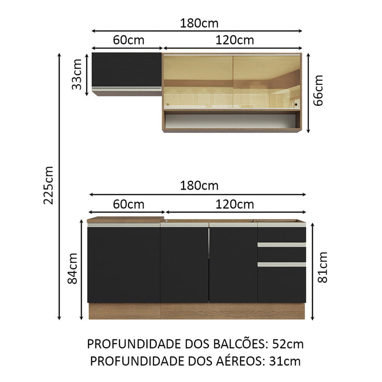 Armário de Cozinha Compacta 180cm Rustic Preto Glamy Madesa 08