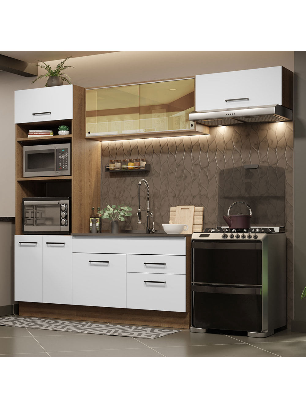 Armário de Cozinha Completa 270cm Rustic Branco Agata Madesa 04 - Rustic/Branco