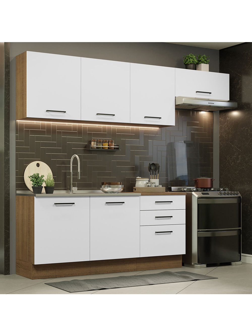Armário de Cozinha Completa 260cm Rustic Branco Agata Madesa 02 - Rustic/Branco