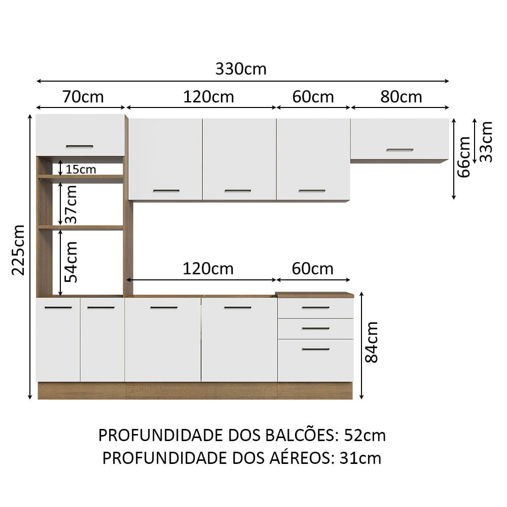 Armário de Cozinha Completa 330cm Rustic Branco Agata Madesa 01