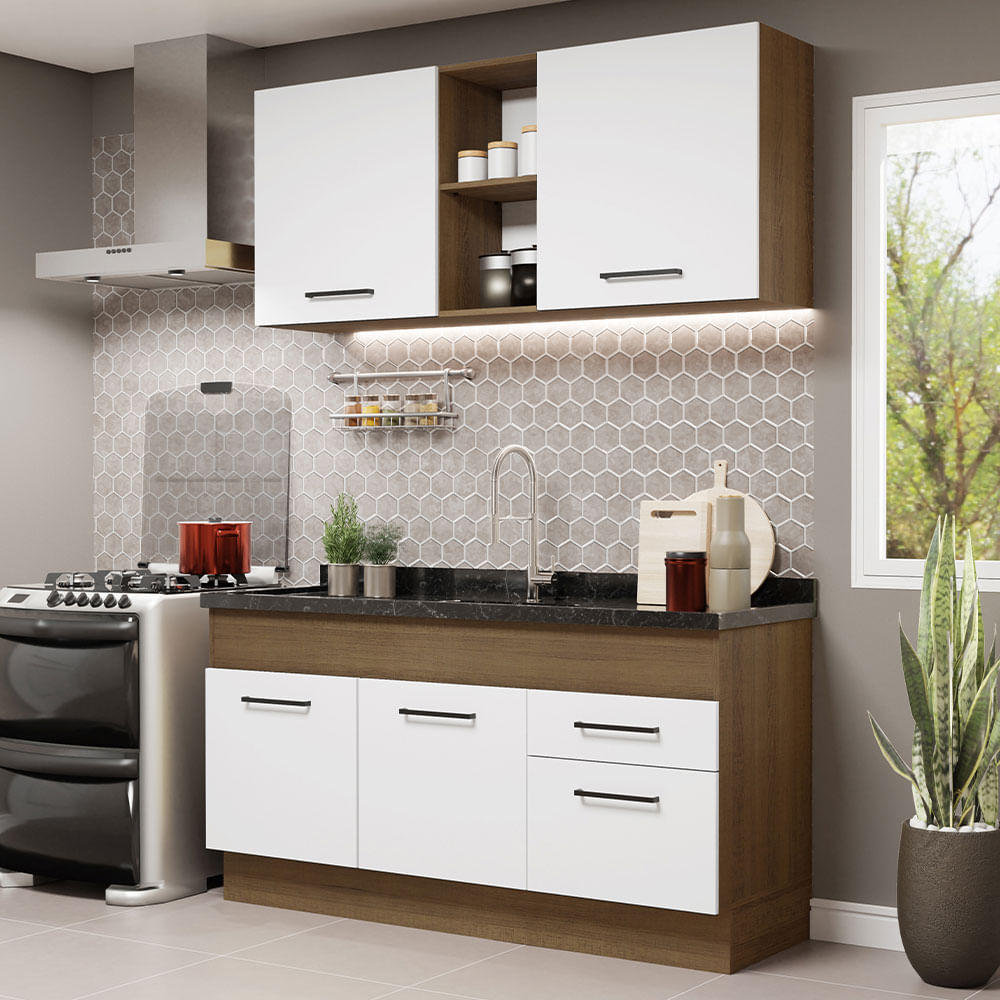 Armário de Cozinha Compacta 150cm Rustic/Branco Agata Madesa 02 - Rustic/Branco