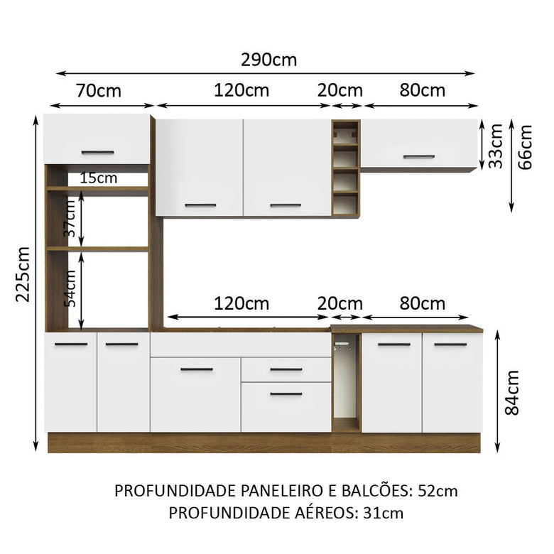 Armário de Cozinha Completa 290cm Rustic/Branco Agata Madesa 01
