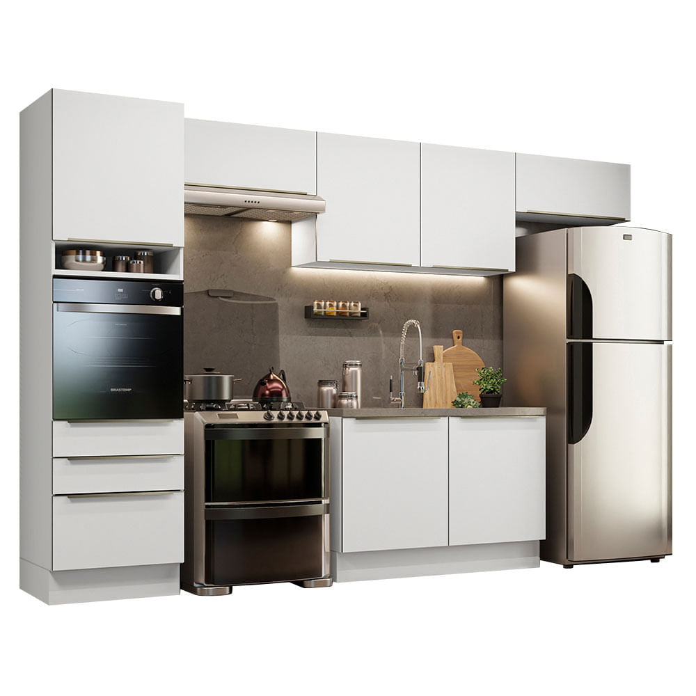 Armário de Cozinha Completa 340cm Branco/Branco Veludo Lux Madesa 01 - Branco/Branco Veludo