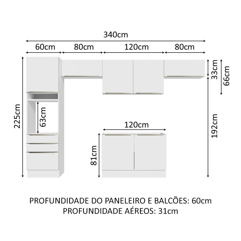 Armário de Cozinha Completa 340cm Branco/Branco Veludo Lux Madesa 01