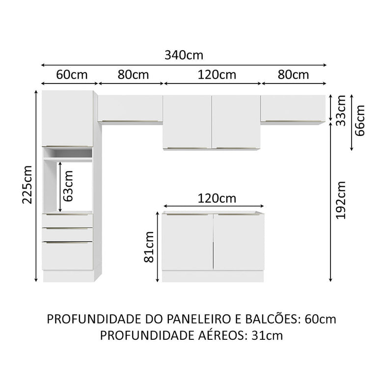 Armário de Cozinha Completa 340cm Branco/Branco Veludo Lux Madesa 01