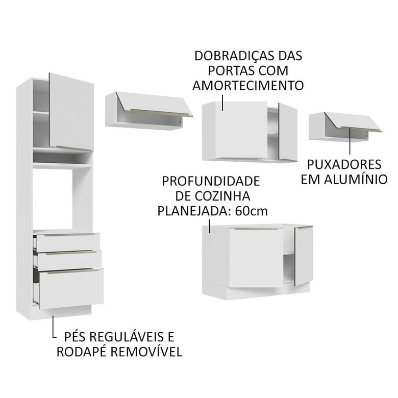Armário de Cozinha Completa 340cm Branco/Branco Veludo Lux Madesa 01