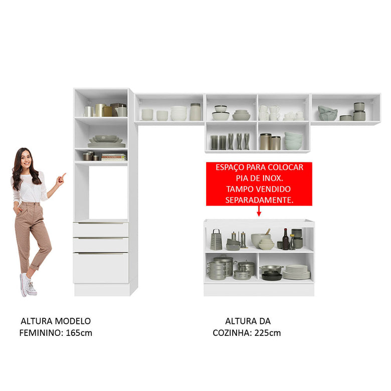 Armário de Cozinha Completa 340cm Branco/Branco Veludo Lux Madesa 01